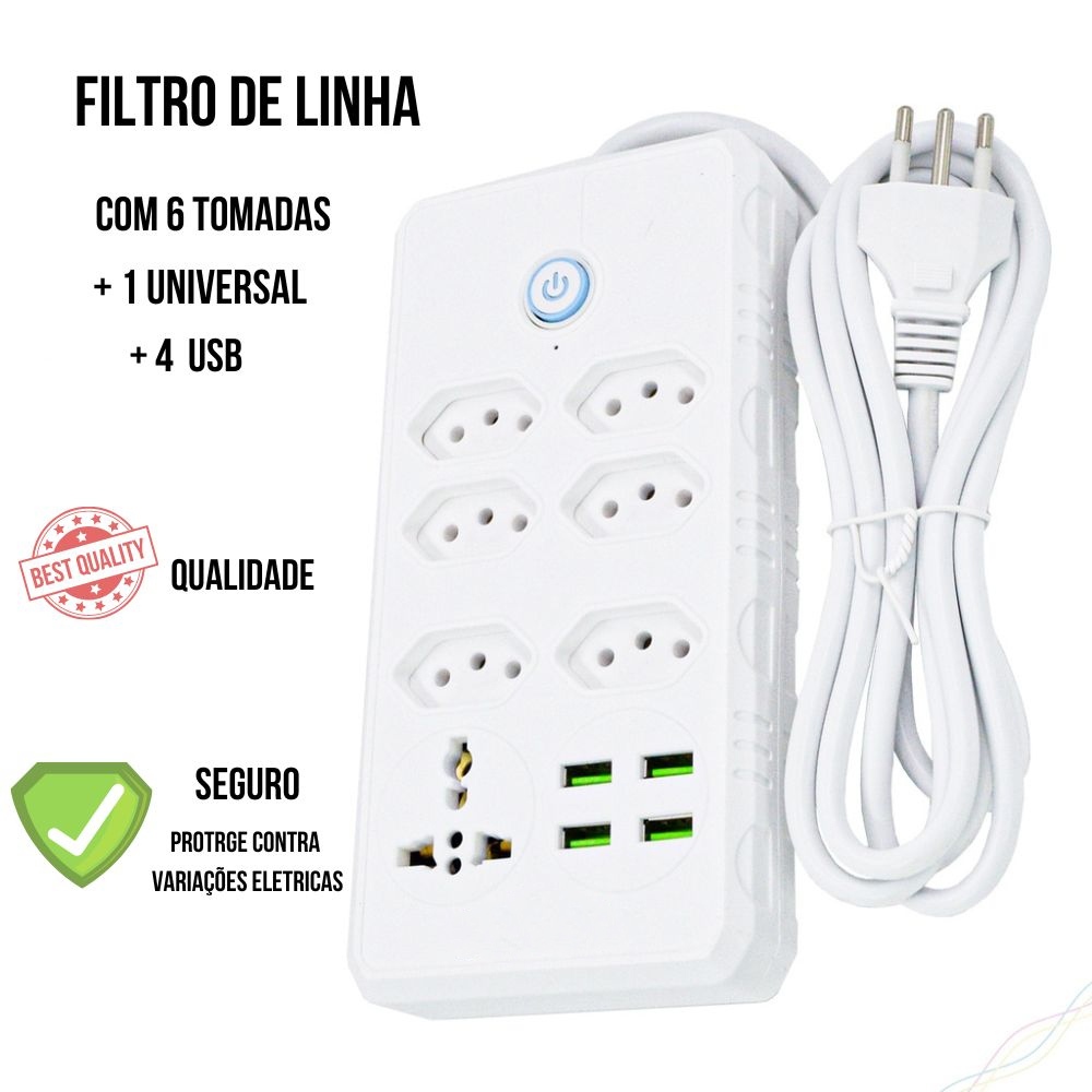 Régua Filtro de Linha com 7 Tomadas Extensão Elétrica 1 Universal 4 USB Bivolt 10A 110v/220v Cabo de 2 Metros Seguro e confiável | Shopee Brasil
