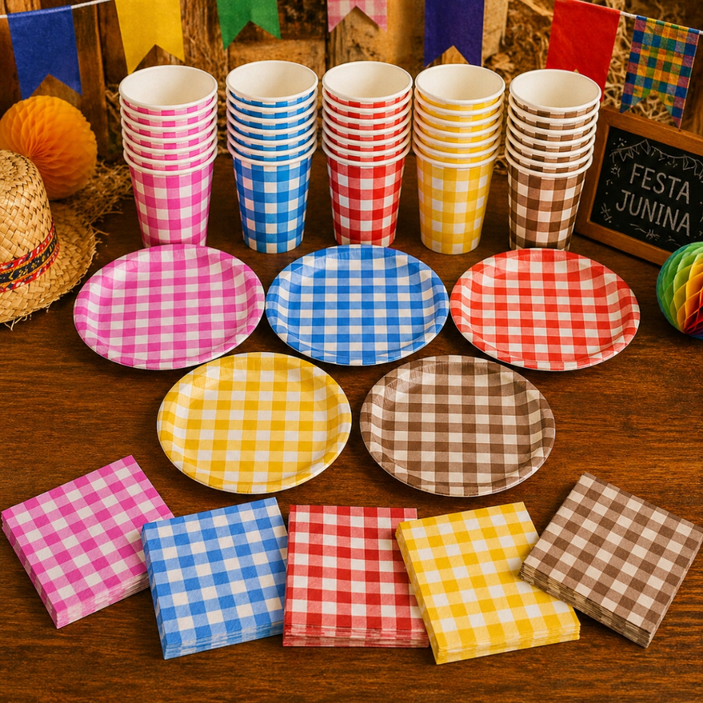 Kit Completo Prato Copo Guardanapo Estampa Xadrez Festa Junina #PartiuFesta Decoração Mesa | Shopee Brasil