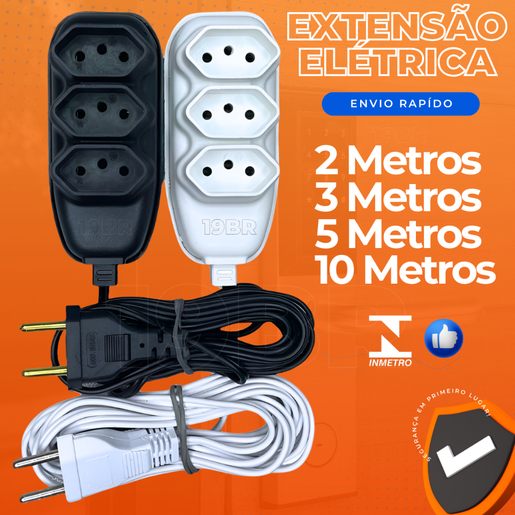 Extensão elétrica 2 Metros Extensão de Energia 3 Tomadas com 3 metros 5 metros 10 metros | Shopee Brasil