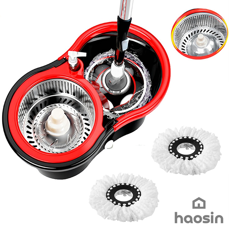 haosin Aço inoxidável Mop Giratório Esfregão Profissional 2 Refis Cesto Giratório cabo de 140cm | Shopee Brasil