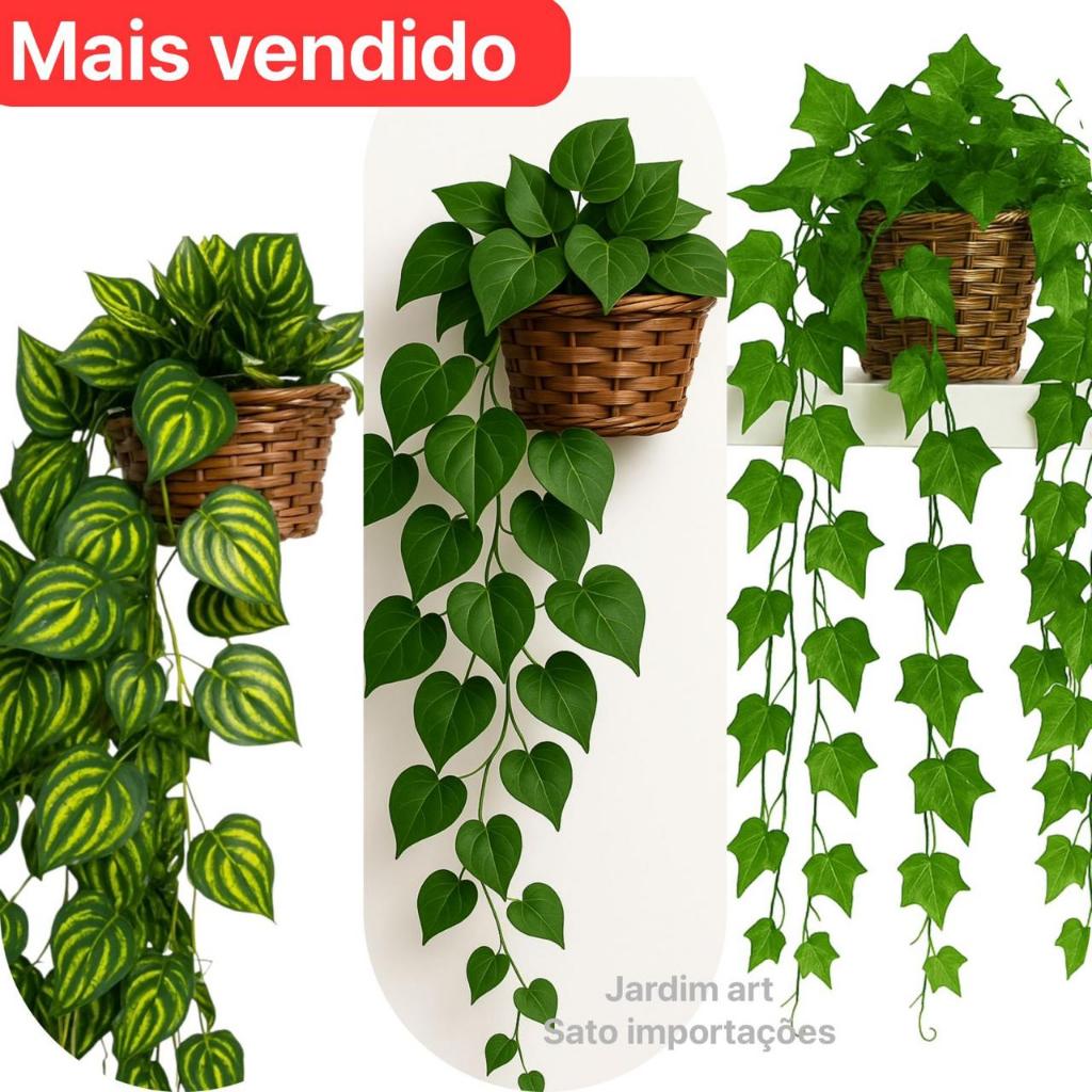 Arranjo c/ 3 Trepadeira Folha de HERA + Vaso Trançado Marrom | Shopee Brasil