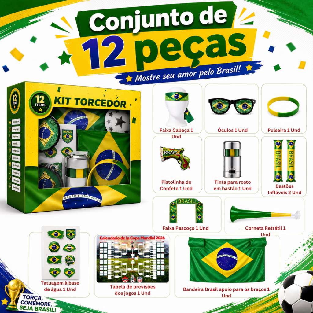 Kit Torcedor Copa do Mundo 2026 Brasil 12 Itens Torcida Bandeira Brasileira Óculos Pulseira Adesivos | Shopee Brasil