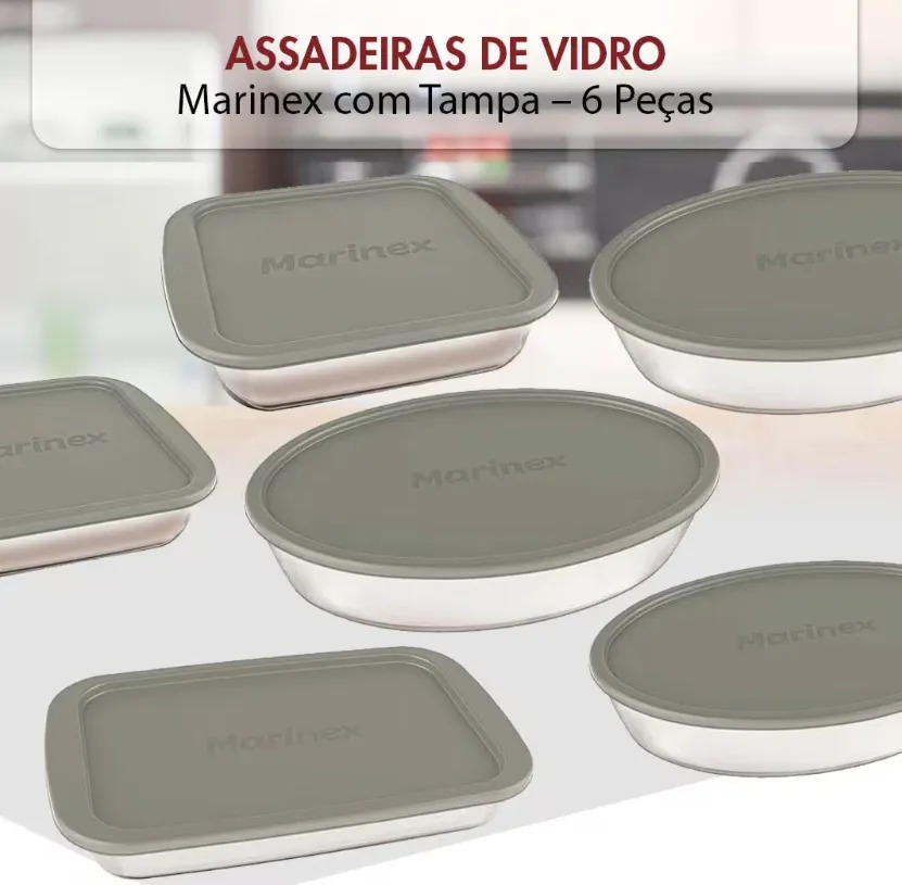 Conjunto Assadeiras 6 Peças de Vidro com Tampa Cinza - Marinex