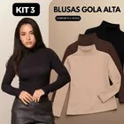 Kit 3 Blusas Feminina Cacharrel Gola Alta Manga Longa Casual