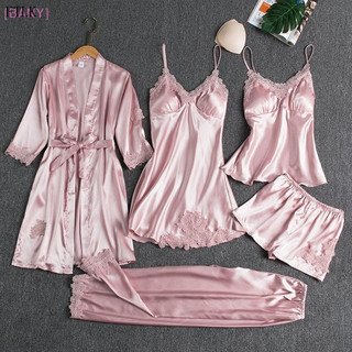 [BANY] Conjunto de Pijamas de Seda para Mulheres com 5 Peças, Vestido de Pijama com Decote em V e Camisola Us
