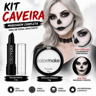 Kit Pancake Branco + Batom Preto Halloween Maquiagem Artística Bruxa Festa Fantasia Colormake