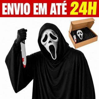 Fantasia Morte Panico Capa Mascara Faca Halloween Festa Completa