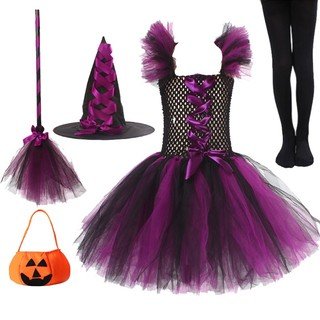 Traje De Halloween Para Meninas Bruxa Cosplay Tutu Vestido De Joelho Com Chapéu Vassoura Crianças Carnaval Vestidos De Fantasia Novo