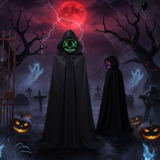 Kit Mascara + Capa Halloween Fantasia Adulto Halloween Com Capuz Lisa Assustador Terror Noite