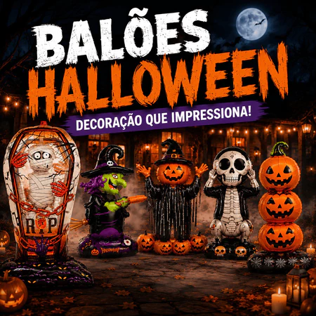 Balão Inflável Gigante Halloween Abóbora Esqueleto Aranha Bruxa com Base ou para Pendurar Decoração de Festa